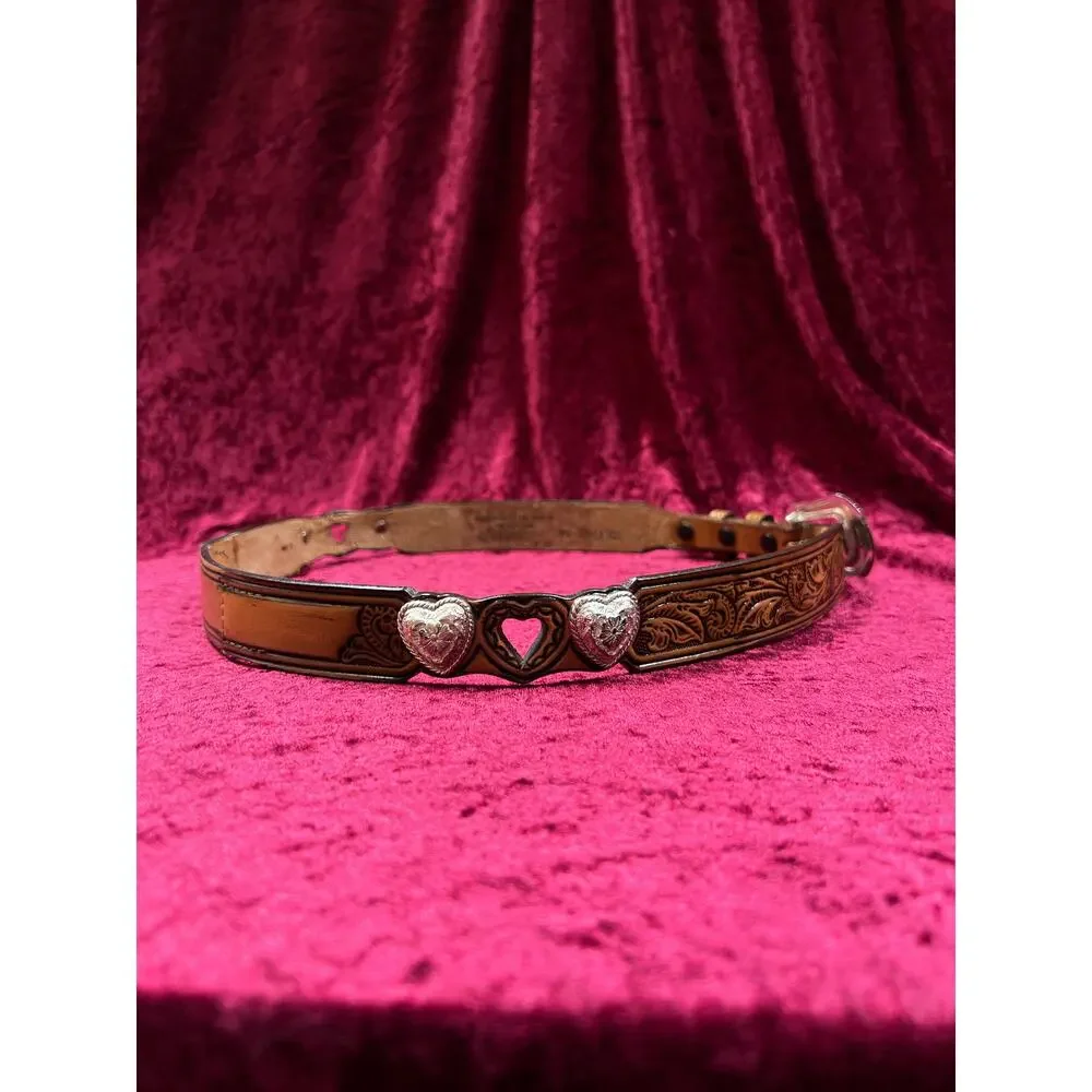 Vintage Nocona Leather Belt Tooled Heart Cutout Silver Concho Belt USA 34-37.75